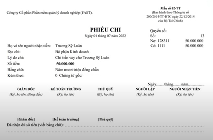 Mẫu phiếu chi khi chi tiền cho vay