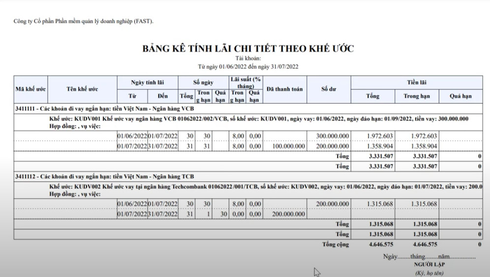 bảng kê tính lãi chi tiết theo khế ước 