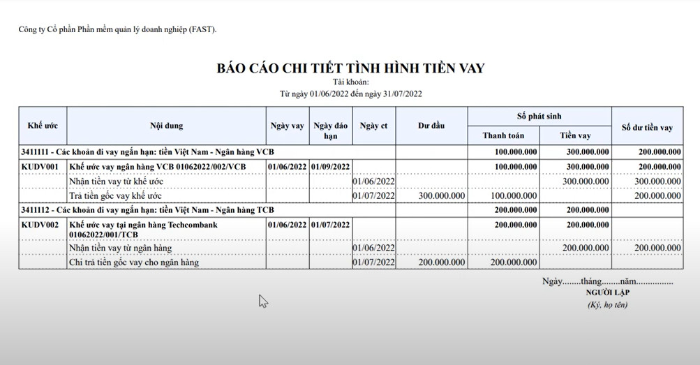 báo cáo chi tiết tình hình tiền vay