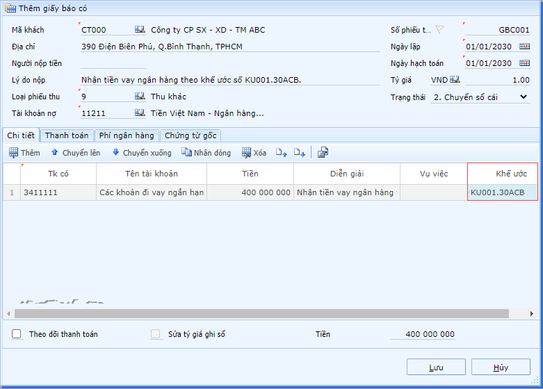 nhập dữ liệu tại trường Mã khế ước khi phát sinh các chứng từ liên quan