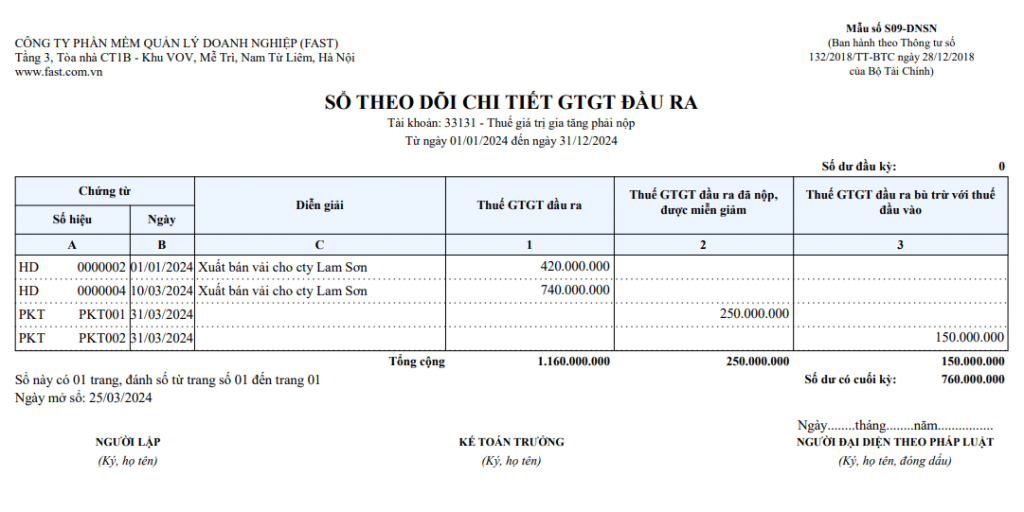 Sổ theo dõi chi tiết GTGT đầu ra Thông tư 132 trên Fast Accounting Online