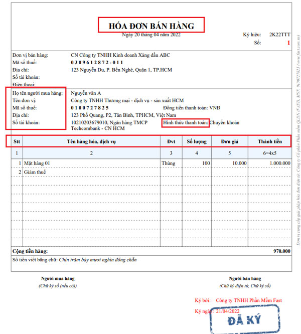 Mẫu hóa đơn bán hàng cho hộ, cá nhân kinh doanh trên Fast e-Invoice